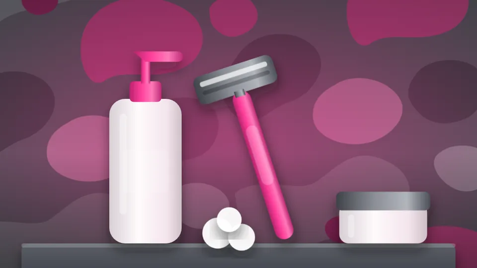Illustration: pump bottle, pink razor and cream jar