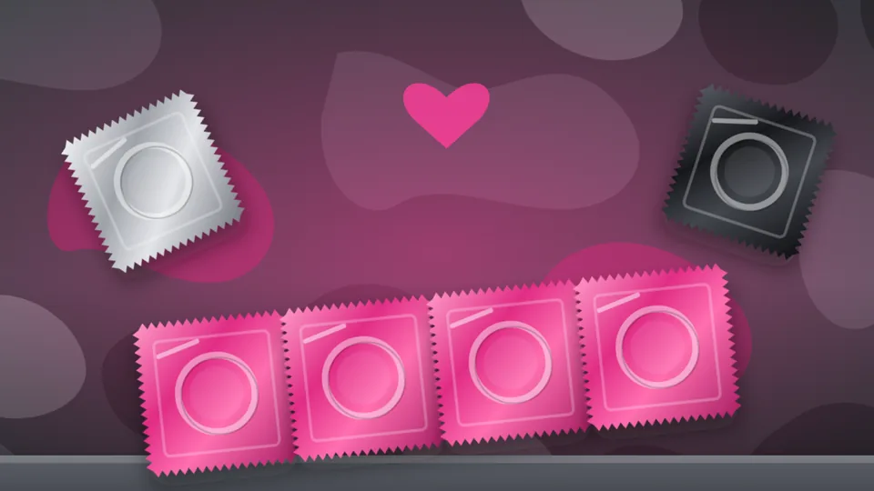 Illustration: a strip of pink foil condom wrappers