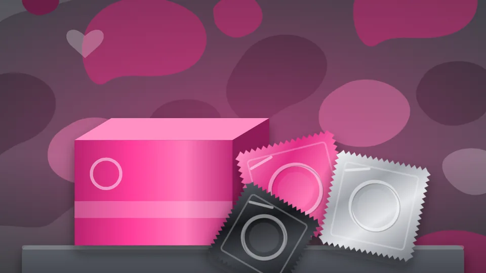Illustration: a pink box and foil condom wrappers