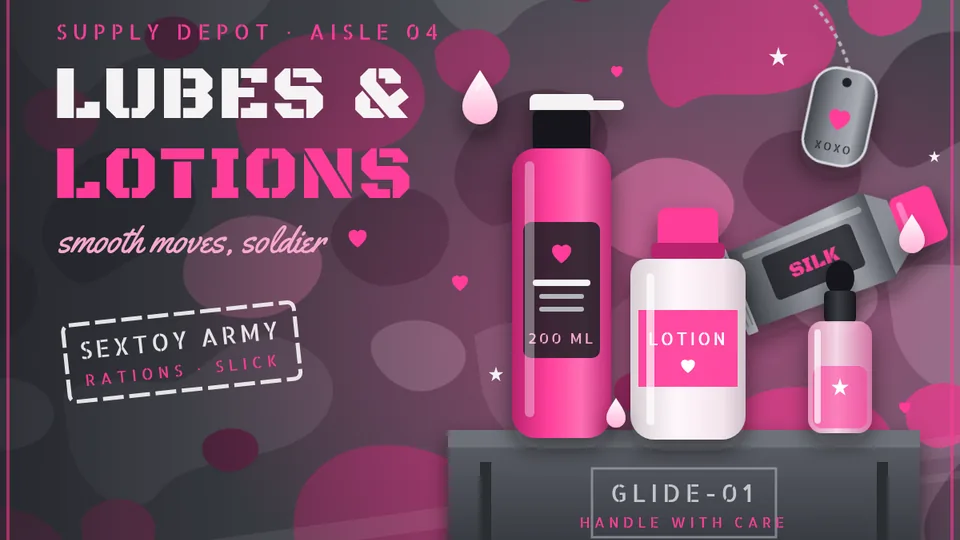 Illustration: pink lube and lotion bottles on a camo shelf