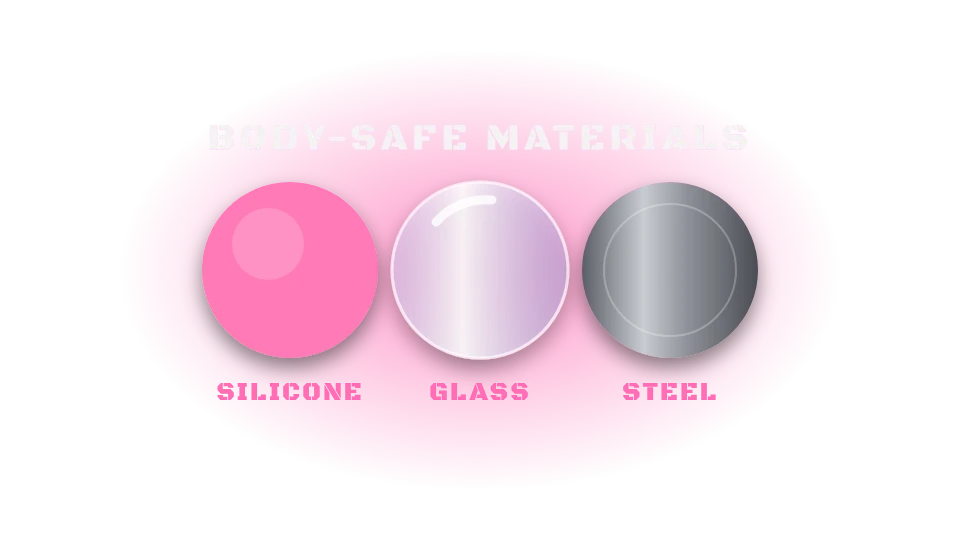Body-safe materials: silicone, glass and steel swatches